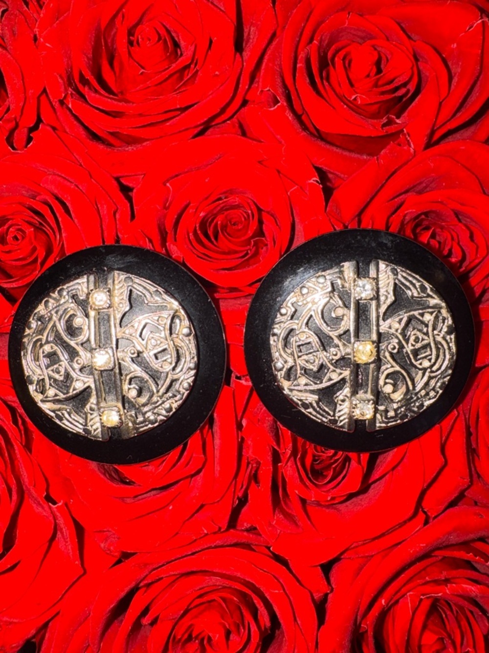 Vintage 80s Art Deco Revival Statement Earrings Black Disc Rhinestone